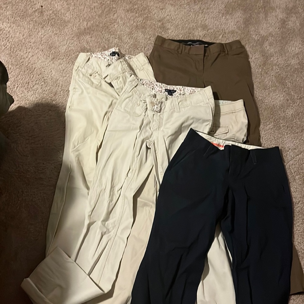 Barely worn khaki pants dark brown, light, blue.
